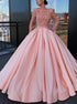 Ball Gown Bateau Long Sleeves Pink Satin Prom Dress with Appliques Lace  LBQ1894
